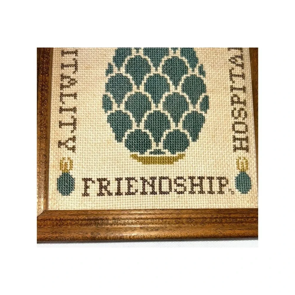 Vintage 1983 Pineapple Cross Stitch Framed Art Friendship Hospitality 8.5x6.5